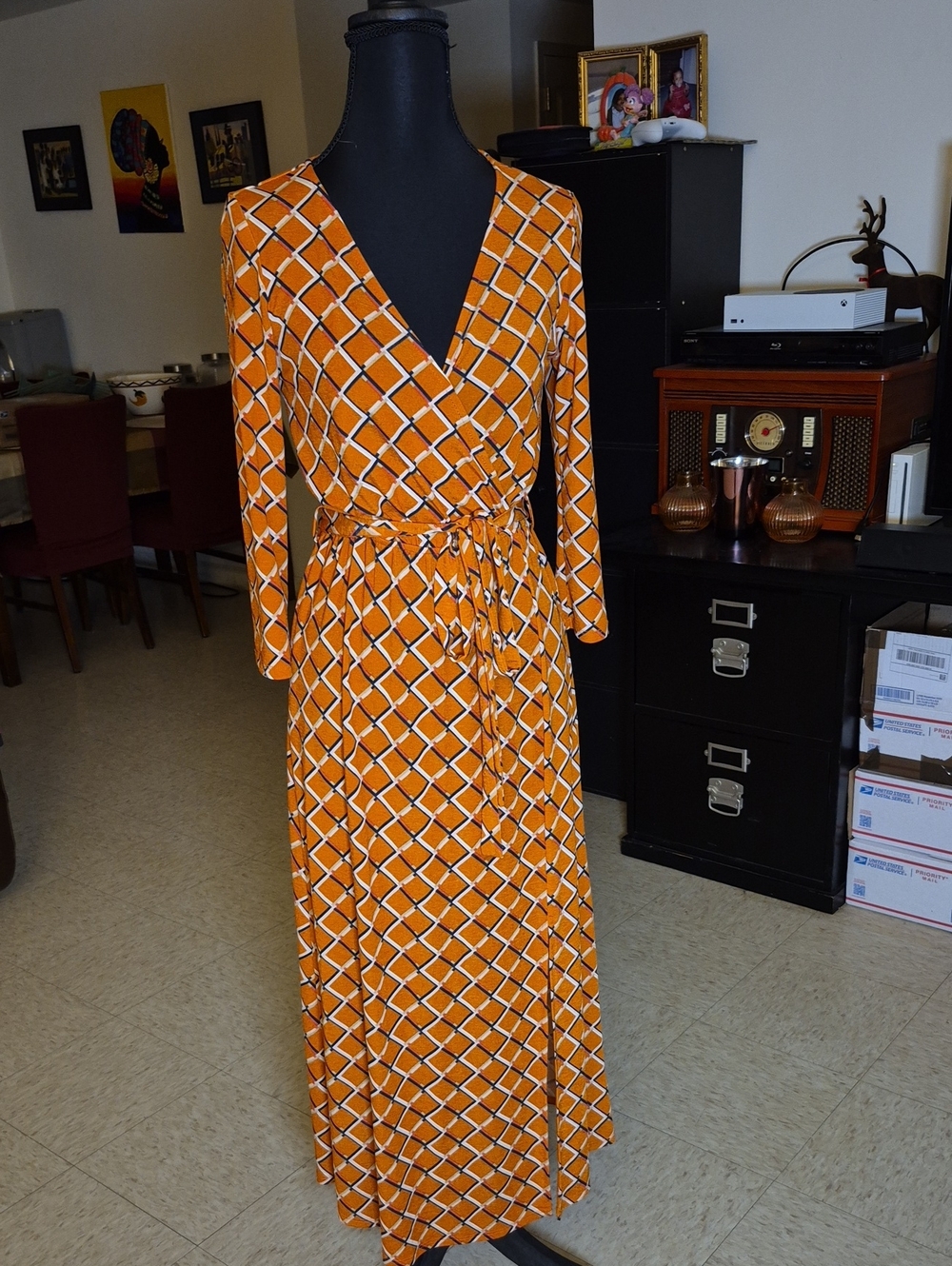 Active USA Orange Geometric Wrap Maxi Dress